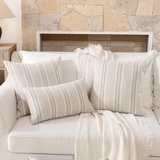 Hckot Throw Pillow Covers 24x24 Set of 2 Blue Pillow Covers Farmhouse Decorative Pillows Textured Linen Square Cushion Covers for Sofa Couch Bed Living Room Decor(Dusty Blue)
