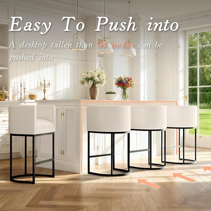 Modern Counter Height Bar Stools,Bar Stools Set of 3,PU Leather Upholstered Barrel Barstools with Backs,24'' Kitchen Island Chairs,Metal Black Frames,Beige White Leather
