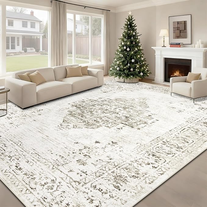 8x10 Area Rugs for Living Room: Washable Vintage Large Retro Rug Soft Non-Slip Indoor Low Pile Carpet for Bedroom Dining Room Office (Taupe, 8' x 10')
