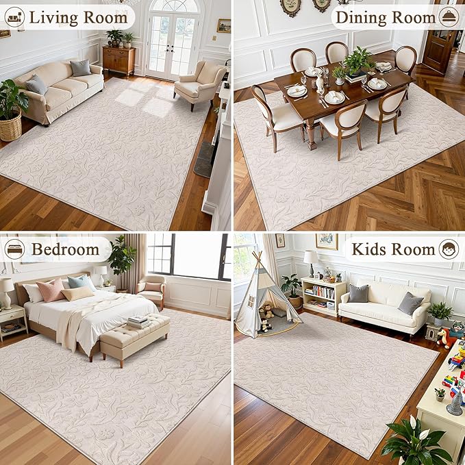 Vaukki 6x9 Area Rug for Living Room, Soft Fluffy Washable Modern Floral Indoor Floor Mat, Non Slip Shaggy Boho Accent Throw Carpet for Bedroom, Living Room, Nursery and Dining Room, Beige