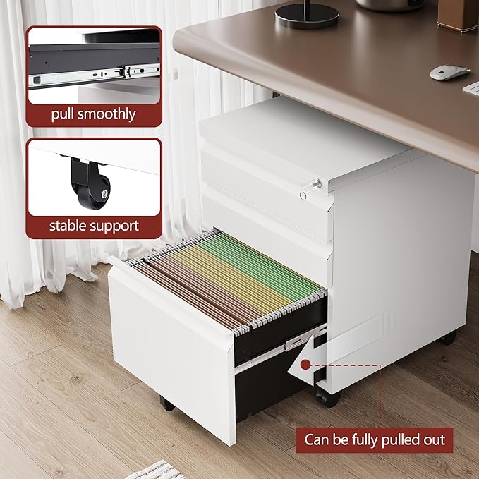 RAVIGIN 3 Drawer File Cabinet，Mobile Filing Cabinet with Lock and Wheels，Un-Assembled Metal Under Desk File Cabinets for A4/Letter/Legal Size（White