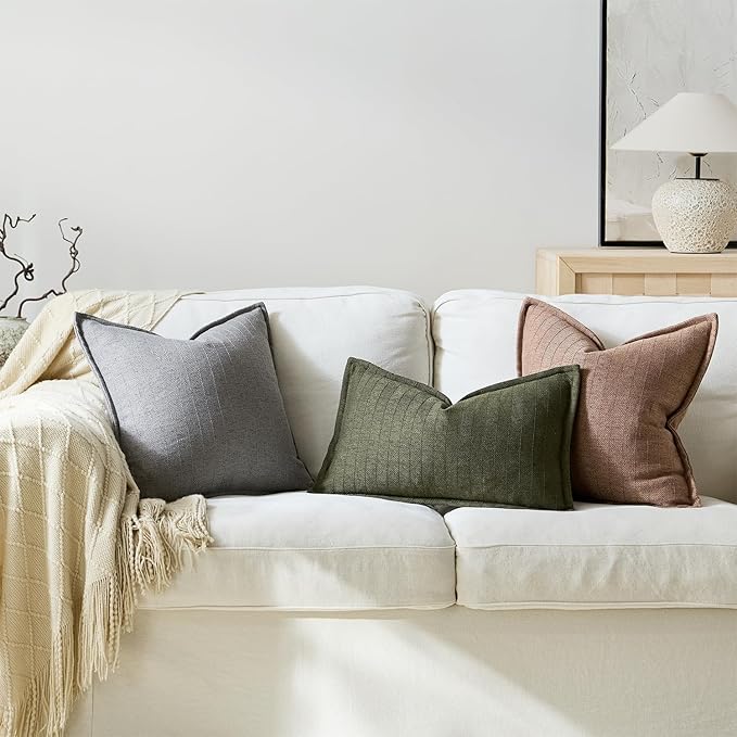 DEZENE 24x24 Linen Pillow Covers Grey Pack of 2 Farmhouse Boho Neutral Accents Striped Textured Square Decorative Throw Pillow Cases for Living Room Couch Bed Home Decor