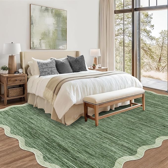 GarveeHome Scalloped Washable Area Rug 6x9 Rug for Living Room Modern Rug Non Slip Throw Rugs Large Rugs for Bedroom Low Pile Non Shedding Stain Resistant Carpet for Dining Room 6'x9' Green