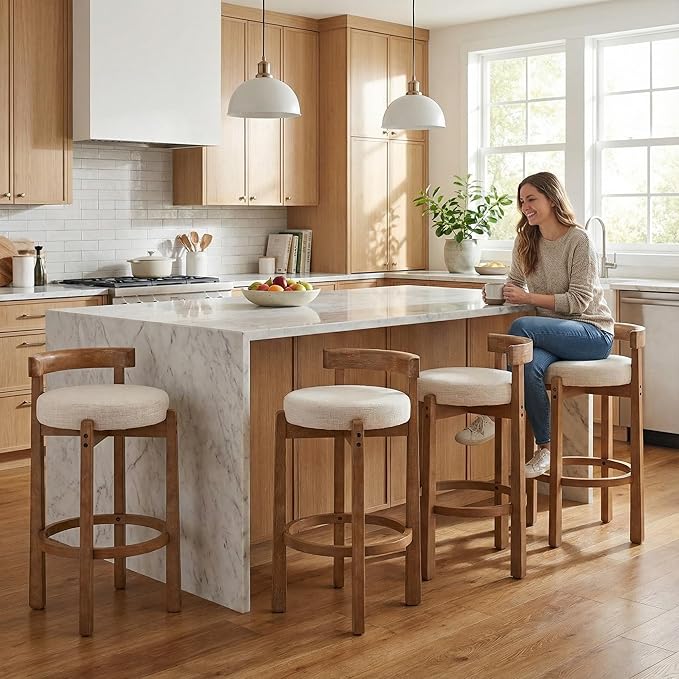 LukeAlon Mid Century Linen Bar Stools Set of 4, 30.25" Seat Height Upholstered Barstools with Wood Legs Modern Tall Bar Chair with Curved Low Back Round Footrest for Pub Home Kitchen Island, Beige