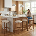 LukeAlon Mid Century Linen Bar Stools Set of 4, 30.25" Seat Height Upholstered Barstools with Wood Legs Modern Tall Bar Chair with Curved Low Back Round Footrest for Pub Home Kitchen Island, Beige