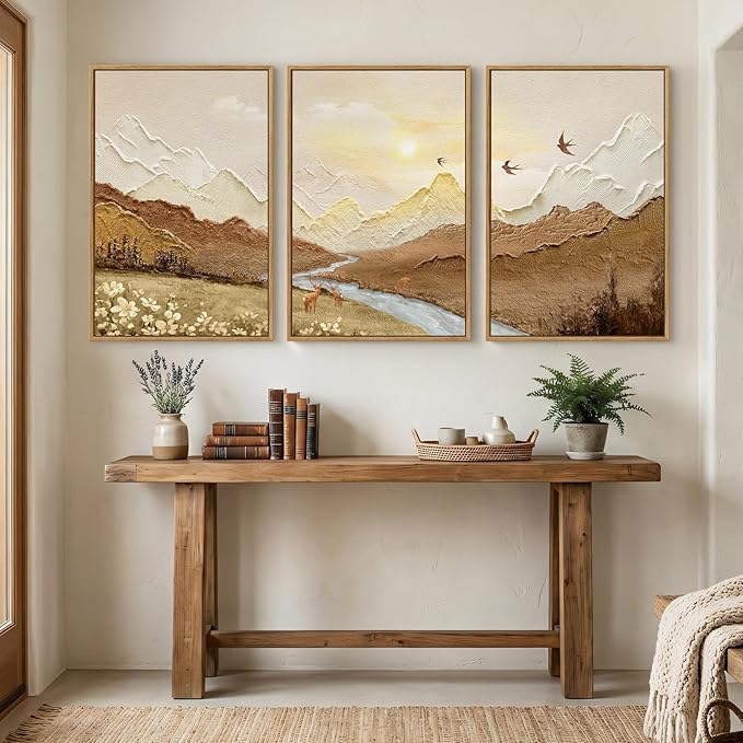 Framed Abstract Mountain Landscape Wall Art for Living Room, 3 Piece Brown Neutral Sunset Scenic Print Canvas Artwork for Walls, Large River Deer Bird Nature Wall Decor for Bedroom Office, 24x36 Inch