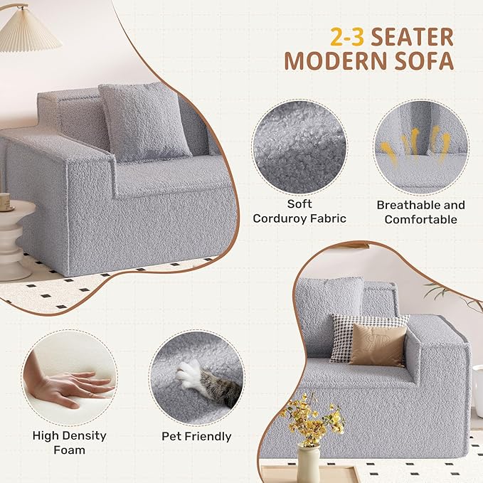 75'' Cloud Loveseat Sofa, No Assembly Required Comfy Deep Seat Couches 1 pcs for Living Room, Bedroom, Apartment(Teddy Fabric-Grey)