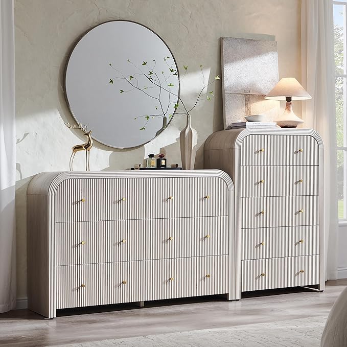 T4TREAM Fluted Dresser with 5 Drawers, 48" Tall Modern Chest of Drawers with Thickened Curved Profile Design, Wood Closet Clothes Storage Organizer for Bedroom, Living Room, Hallway, Alder White