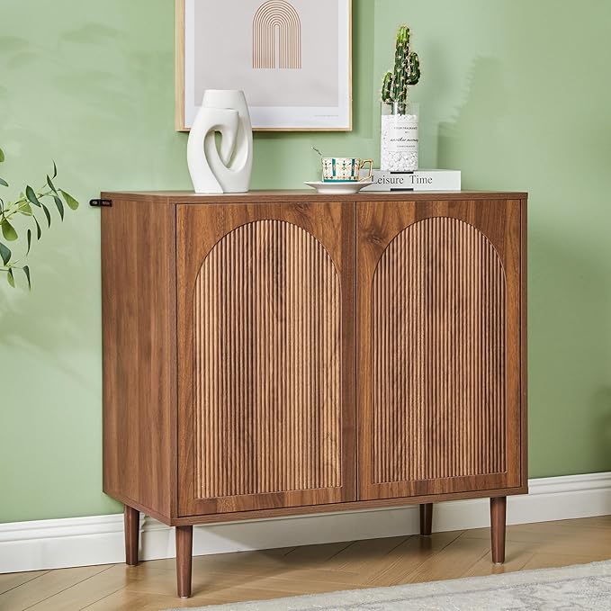 Bifins 31.5” Fluted Sideboard Buffet Cabinet with Storage,Mid Century Modern Small Wood Storage Cabinet with Arched Profile for Dining Room Kitchen Living Room (Walnut 1pc)