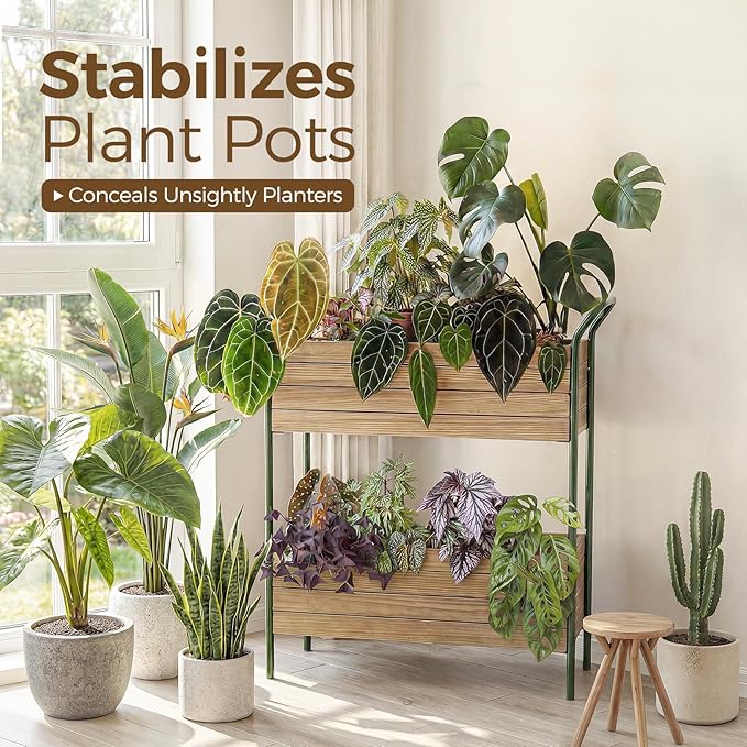 Leaf&lull Raised Garden Bed with Legs Plant Stand Indoor Outdoor Corner Metal Wood Plant Shelf Tiered Plant Holder Ladder Shelf for Patio Balcony Shelving Unit for Live Plants House Decor 2 Tier