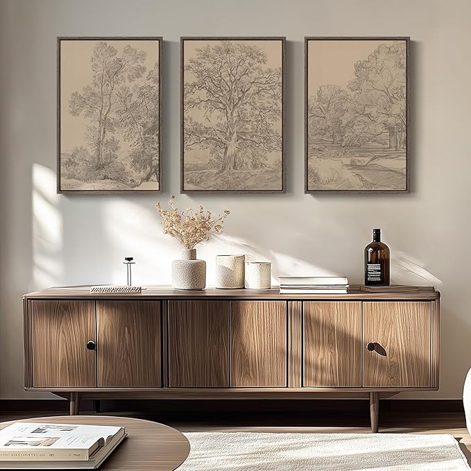 Framed Neutral Vintage Landscape Wall Art for Living Room, 3 Piece Large Tree Sketch Rustic Canvas Artwork for Walls, Brown Forest Wabi Sabi Farmhouse Wall Decor for Bedroom Hallway Office, 20x30 Inch