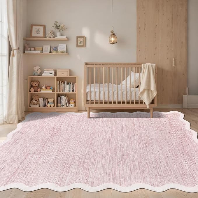 GarveeHome Scalloped Living Room Rug 5x7 Area Rug Washable Area Rug for Bedroom Modern Abstract Pink Kids Rug Non Slip Throw Rugs Soft Low Pile Stain Resistant Carpet for Dining Room 5'x7' Pink
