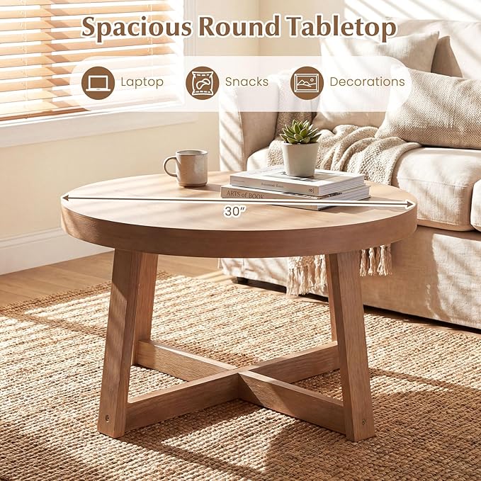 Giantex Round Coffee Table, 30" Wood Center Table with Thickened Tabletop & Cross-Shaped Pine Wood Frame, 220 lbs Capacity, Modern Living Room Table for Small Spaces, Natural