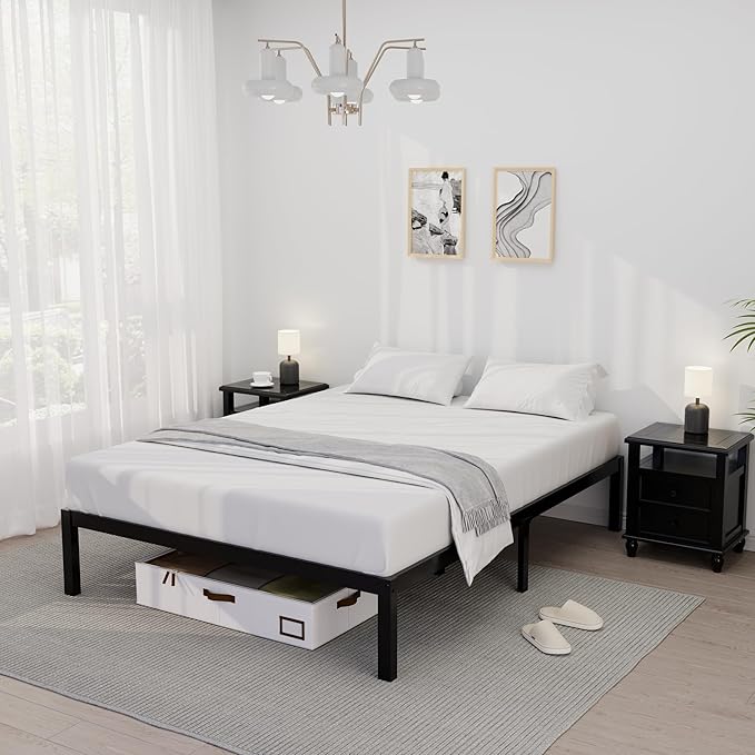14 Inch Bamboo Bed Frame – Solid Wood Platform Bed Frame, Strong and Stable, with Non-Slip Slats for Support, No Box Spring Needed, Easy to Assemble, Noise-Free (Black, Queen)