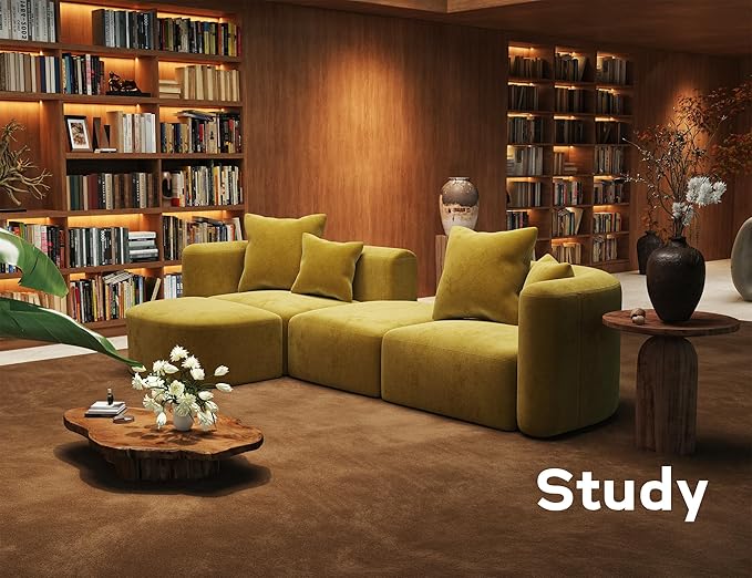 116" Modular Sectional Couches with Ottoman, Luxury Modern Curved Back Sofa, Minimalist Style Oversized 4 Seat Deep Comfy Convertible L Shape Boneless Couch for Living Room Office Apartment, Yellow