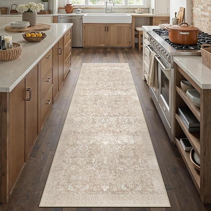 PureCozy Beige Runner Rug 3x8 Washable Neutral Hallway Kitchen Carpet Vintage Non Slip Indoor Low Pile Soft Thin Retro Floral Accent Throw Long Rug for Bathroom Office Laundry Dining Living Room