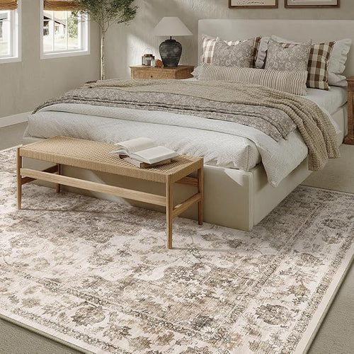 8x10 Washable Neutral Area Rug Brown Vintage Living Room Bedroom Carpet Non-Slip Soft Low Pile Farmhouse Indoor Large Throw Rug for Dining Room Office