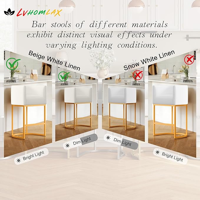 Modern Counter Height Bar Stools,Bar Stools Set of 3,Fabric Upholstered Barrel Barstools with Backs,26'' Kitchen Island Chairs,Metal Gold Frames,Off White Linen