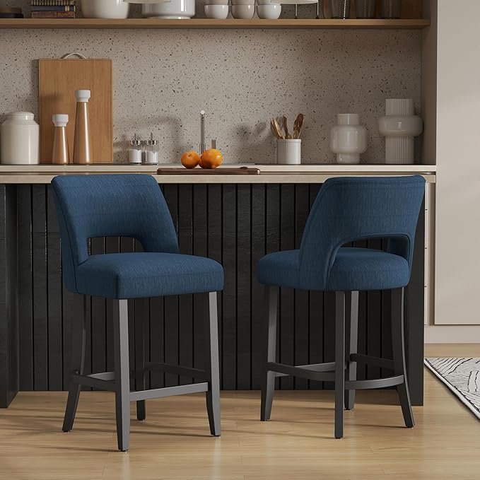 VKNOW Bar Stools Set of 2, Modern Counter Height Bar Stools, 26" Upholstered Counter Stools with Black Wood Legs for Kitchen Island Dining Room Bar, Blue-Black Legs