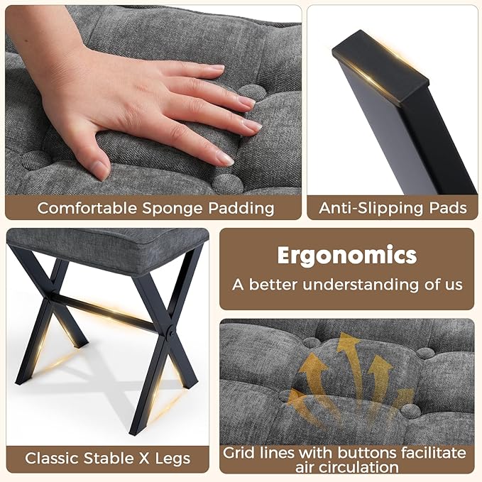 Modern Square Foot Stool Ottoman, Upholstered Vanity Chair with Metal X-Legs & Soft Linen Fabric - Versatile Seat and Footrest for Makeup, Living Room, Bedroom & Entryway(X-Gray)