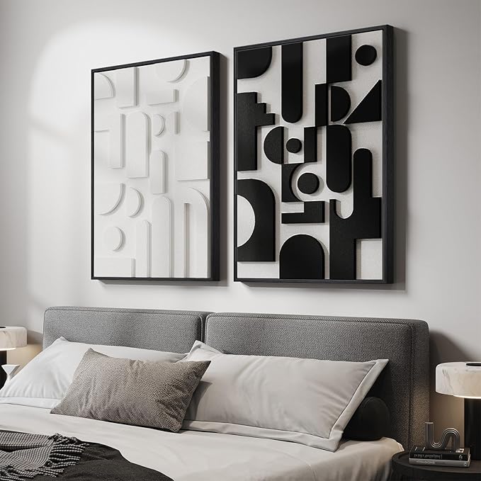 Large 3D Textured Framed Black and White Abstract Wall Art for Living Room, Set of 2 Modern Paintings Artwork for Walls, Minimalist Geometric Pictures for Bedroom Hallway Office Wall Decor 24x36 In