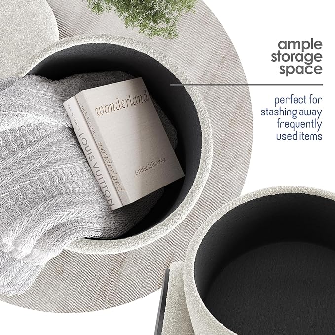 STORAGEBUD Round Ottoman with Storage, Boucle Storage Ottoman, Foot Stool Ottoman, Makeup Vanity Stool, Small Ottomans Foot Rest, Modern Ottomans for Living Room and Bedroom, Cream