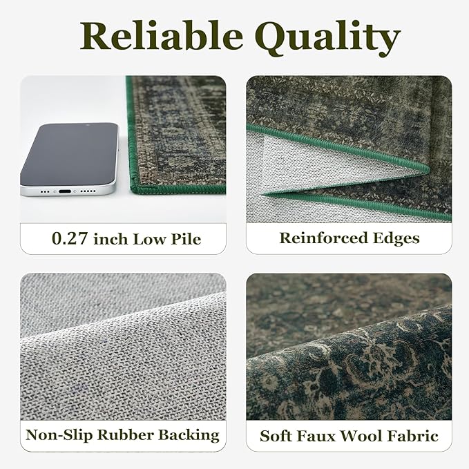 Area Rugs 6x9 Dark Green, Vintage Distressed Earth Tone Living Room Rug Washable Low Pile, Dark Moody Carpet Rug for Bedroom Dining Room Non Slip, Home Office Reading Nook
