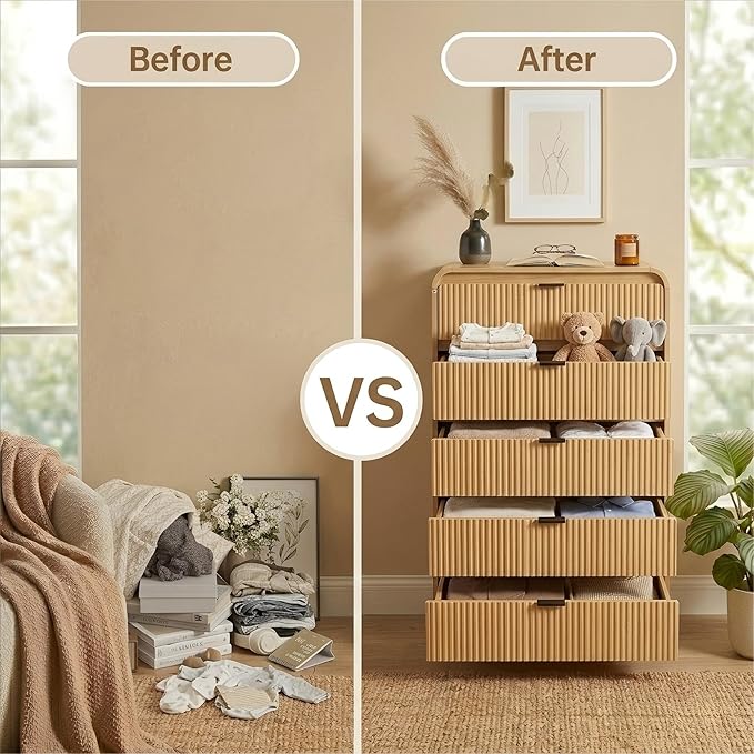 FURSUN Fluted 5 Drawers Dresser for Bedroom, 48" Tall Wooden Modern Dresser with Metal Handle, Curved Profile Design, Storage Organizer for Bedroom, Living Room, Hallway, Natural Oak