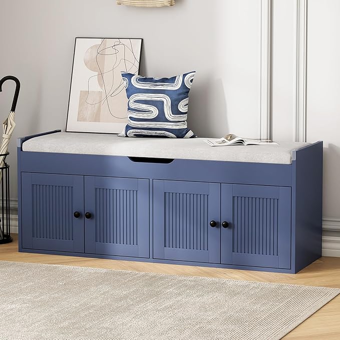 47.2" Storage Bench - Entryway Shoe Bench with 4 Doors and Top Storage Area, Multifunctional Entryway Bench with Lift Top Cushion, Shoe Storage Bench for Bedroom, Living Room, Blue