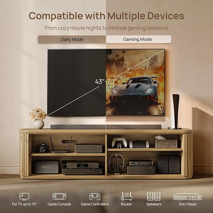 SICOTAS TV Stand for TVs up to 70" - Mid Century Modern Fluted Entertainment Center with Storage and Adjustable Shelves, Long Media Console Cabinet with Solid Wood Handles for Living Room
