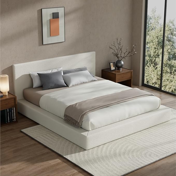 RECCI AirFrame King Size Bed Frame with Headboard, Cloud Upholstered Platform Bed Frame, 5 Inch Foam Cushioned, No Box Spring, Easy Assembly(Cream Boucle)