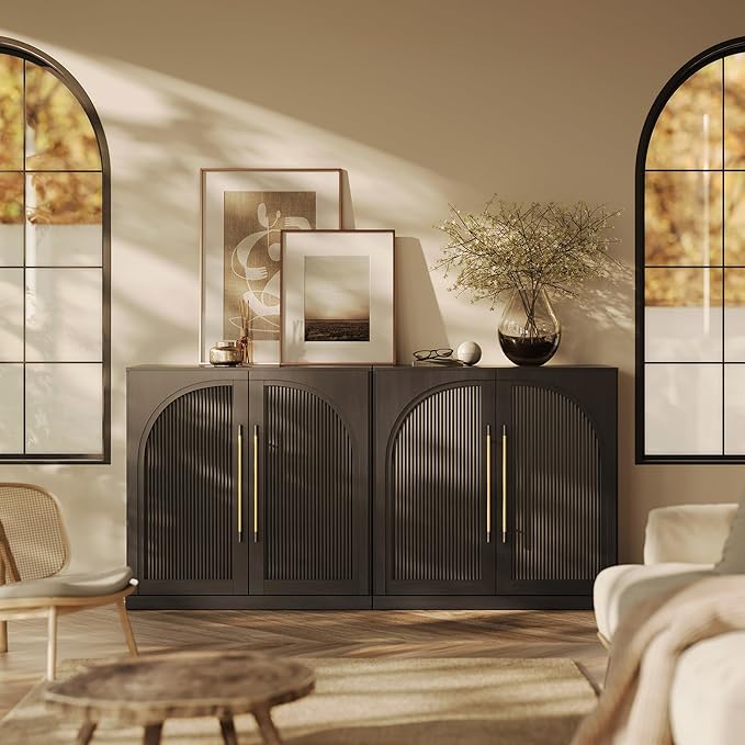 BELLEZE Set of 2 Modular Sideboard with Double-Arc Wood Doors, 65'' Arched Buffet Cabinet with Storage and Adjustable Shelves, Classic Modern Credenza for Dining Room Living Room Entryway (Ebony)