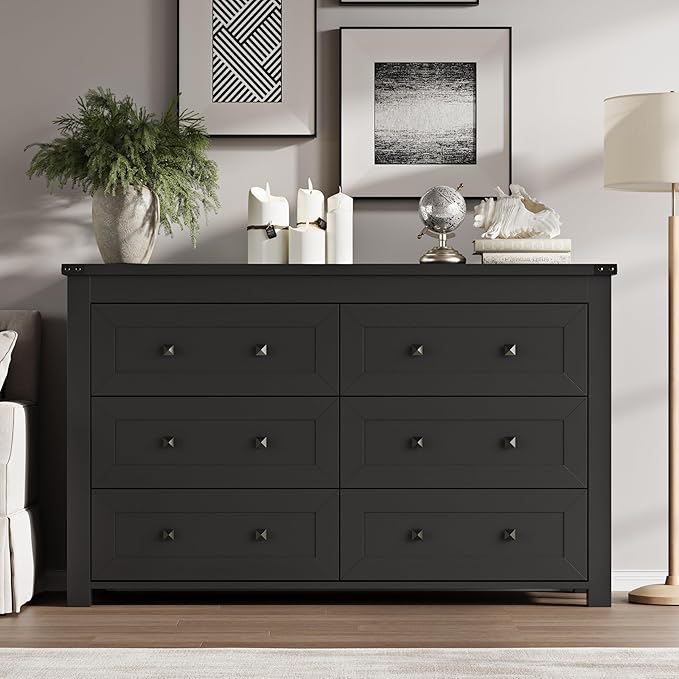 BORNOON 6-Drawer Dresser, Modern Wooden Storage Chest of Drawers, Dresser TV Stand, Wood Drawer Organizer with Metal Handles for Bedroom, Living Room, Hallway