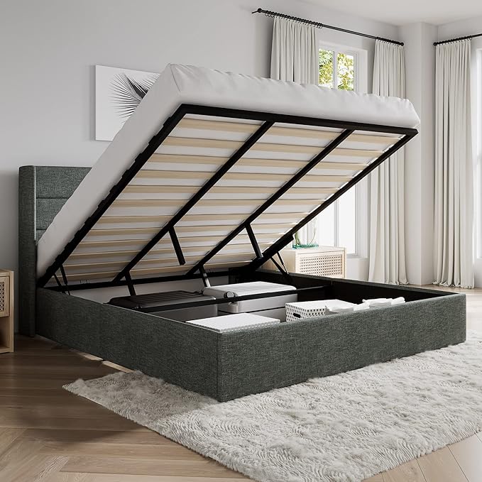 SHA CERLIN King Size Lift Up Storage Bed/Modern Wingback Headboard/Upholstered Platform Bed Frame/Hydraulic Storage/No Box Spring Needed/Wood Slats Support/Dark Grey