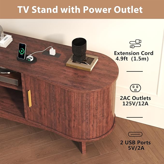 Mid Century Modern TV Stand for 65 Inch TVs, Fluted TV Stands with Open Shelves and Sliding Door, Media Cabinet with Power Outlet, Entertainment Center with Storage for Living Room, Red Brown