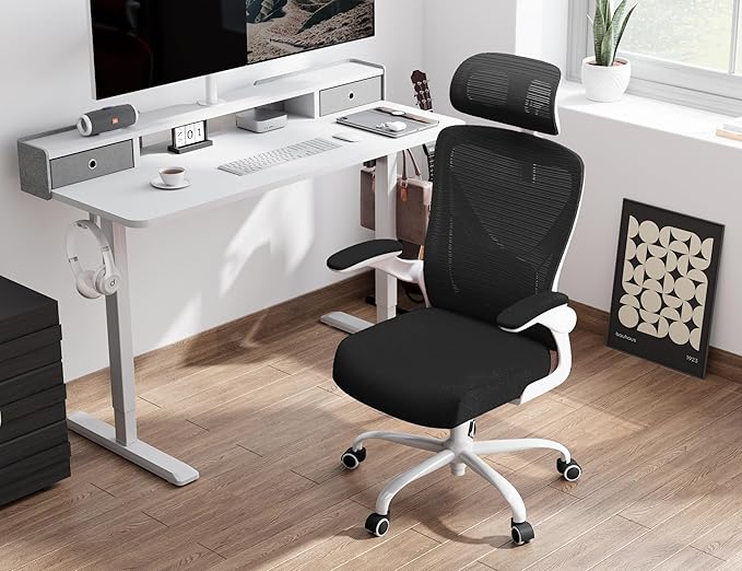 Ergalithic Ergonomic Office Chair - Computer Desk Chair with Adjustable Lumbar Support - 300lbs Executive Desk Chair High Back with Headrest Flip-Up Arms for Long Hours, Rolling Chair (White Black)