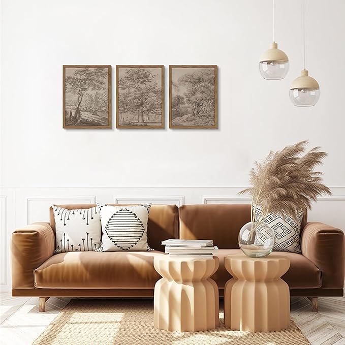 Vintage Landscape Framed Wall Art Set of 3, Neutral Nature Wabi Sabi Canvas Wall Decor Painting, Rustic Retro Botanical Tree Artwork Prints Pictures for Farmhouse Living Room Bedroom 12x16 Inch