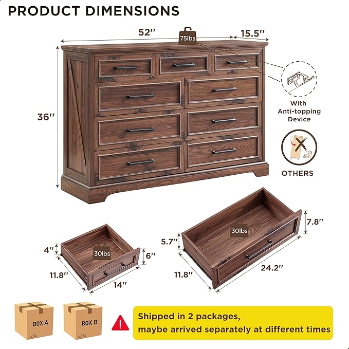 ACCOHOHO Farmhouse 9 Drawer Dresser for Bedroom, 36 Inch Tall Modern Dresser TV Stand with Large Drawers & Bar Handles, Rustic Wood Chest of Drawers for Bedroom, Living Room, Hallway, Brown