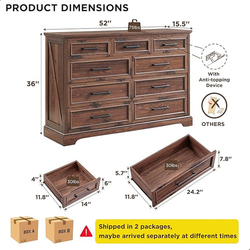 ACCOHOHO Farmhouse 9 Drawer Dresser for Bedroom, 36 Inch Tall Modern Dresser TV Stand with Large Drawers & Bar Handles, Rustic Wood Chest of Drawers for Bedroom, Living Room, Hallway, Brown