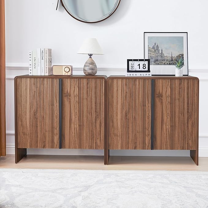 Bifins 31.5” Fluted Sideboard Buffet Cabinet with Storage,Mid Century Modern Small Wood Storage Cabinet with Arched Profile for Dining Room Kitchen Living Room (Brown 2pcs)