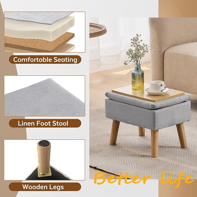 Storage Ottoman, Small Foot Stool Ottoman with Storage, Linen Foot Rest with Wood Legs, Footstool for Living Room, Bedroom, Entryway, Gray