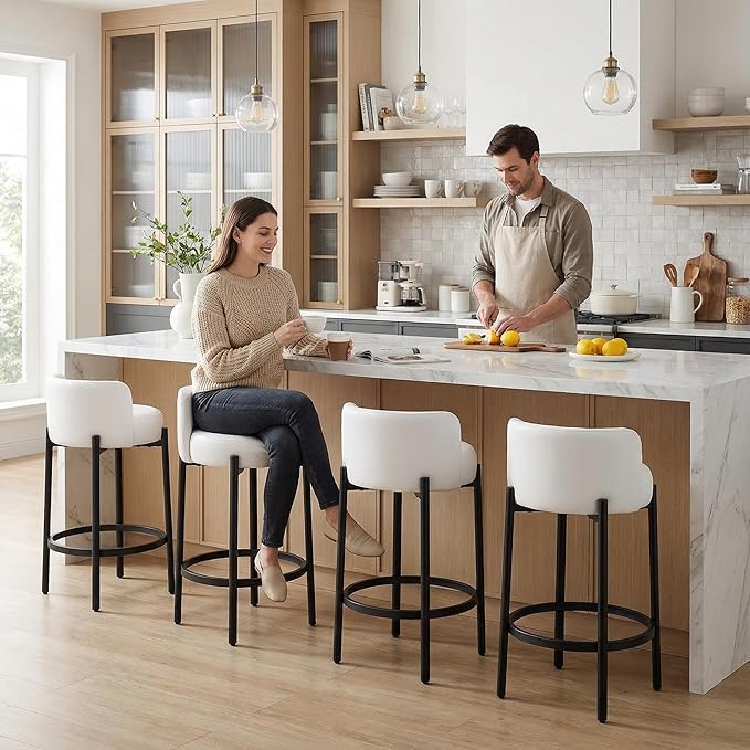 LukeAlon Modern PU Leather Counter Stools Set of 2, Upholstered 26" Seat Height Barstools with Black Metal Legs Round Low Back Kitchen Stools with Footrest for Dining Room Small Places, Cream White