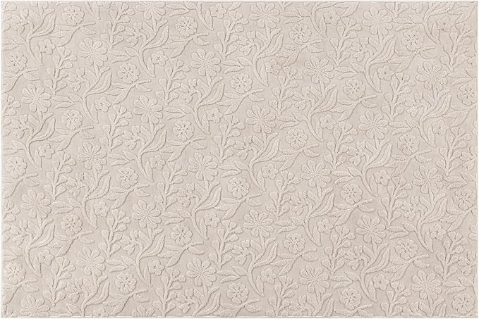 Vaukki 4x6 Area Rug for Living Room, Soft Fluffy Washable Modern Floral Indoor Floor Mat, Non Slip Shaggy Boho Accent Throw Carpet for Bedroom, Living Room, Nursery and Dining Room, Beige
