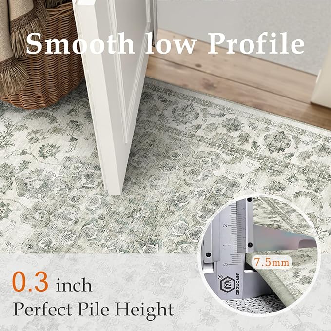 8x10 Washable Neutral Area Rug Green Vintage Living Room Bedroom Carpet Non-Slip Soft Low Pile Farmhouse Indoor Large Throw Rug for Dining Room Office