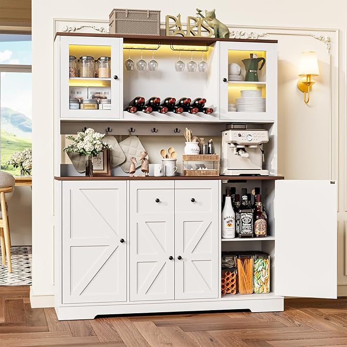VVFLU 68" Tall Kitchen Pantry Storage Cabinet with Charging Station, 55" Wide Kitchen Hutch Cabinet with Large Countertop, Farmhouse Buffet Cabinet with Wine Holder & Wine Rack for Dining Room, White