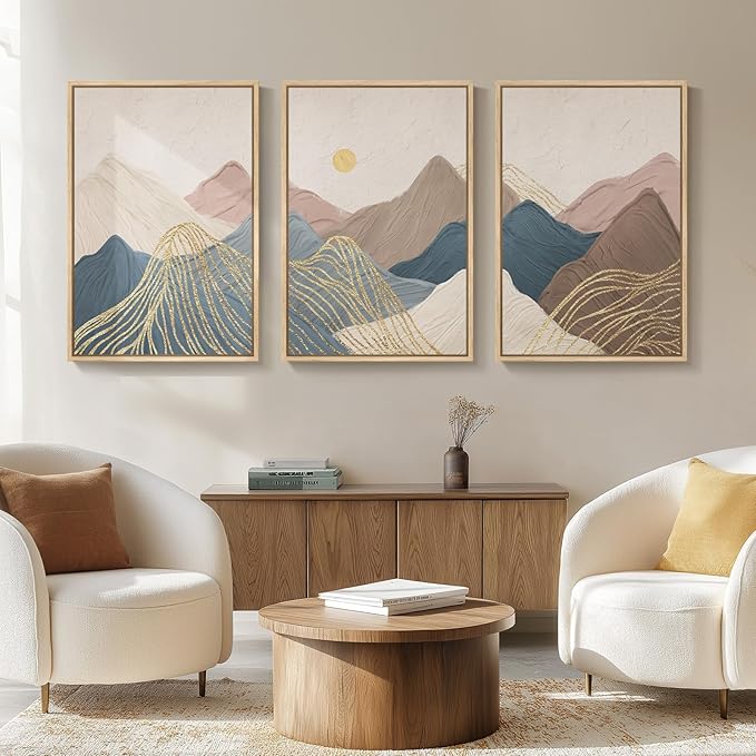 Framed Neutral Abstract Mountain Wall Art for Living Room, 3 Piece Large Landscape Print Canvas Artwork for Walls, Boho Modern Minimalist Paintings for Bedroom Dining Room Office Wall Decor, 24x36 In