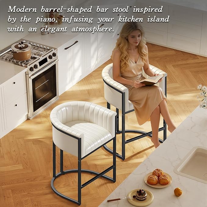 Modern Counter Height Bar Stools,Bar Stools Set of 1,PU Leather Upholstered Barrel Barstools with Backs and Arms,26'' Kitchen Island Chairs,Metal Black Frames,Beige White