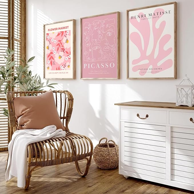 Matisse Abstract Wall Art Decor Pink Flower Canvas Pictures Picasso Aesthetic Wall Art Henri Matisse Prints Poster Abstract Flower Painting Market Artwork for Bedroom 16x24 Inch Unframed Set of 3