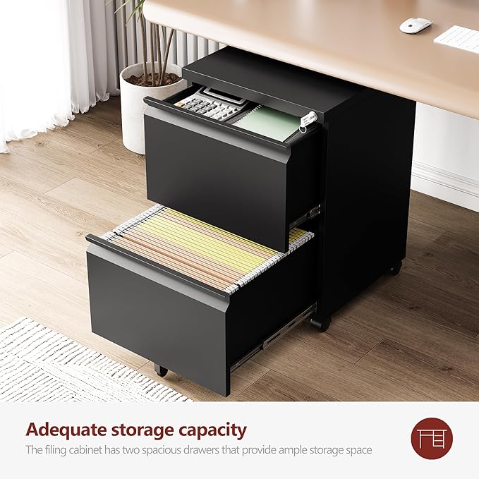 RAVIGIN 2 Drawer File Cabinet，Mobile Filing Cabinet with Lock and Wheels，Un-Assembled Metal Under Desk File Cabinets for A4/Letter/Legal Size（Black