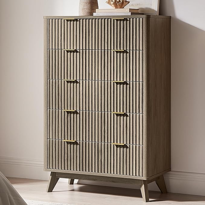 T4TREAM Fluted 5 Drawers Dresser, 48" Tall Modern Chest of Drawers, Curved Profile Design, Wood Drawer Organizer for Bedroom, Living Room, Hallway, Entryway, Grey Alder